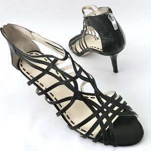 Enzo Angiolini Earennes Black Leather Strappy Heel Sandals